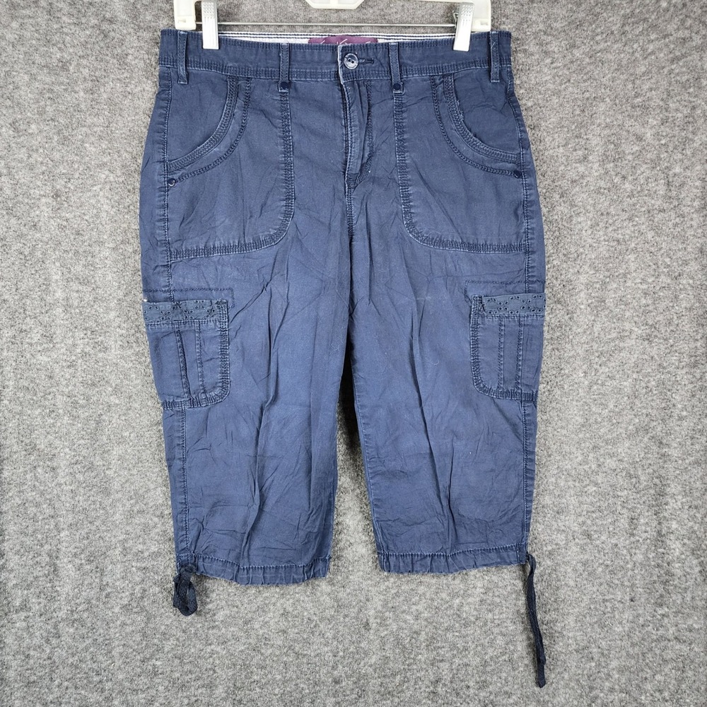 Gloria‎ Vanderbilt Matilda Cargo Capris Women 6 Navy Blue Eyelet Tie Hem D43383